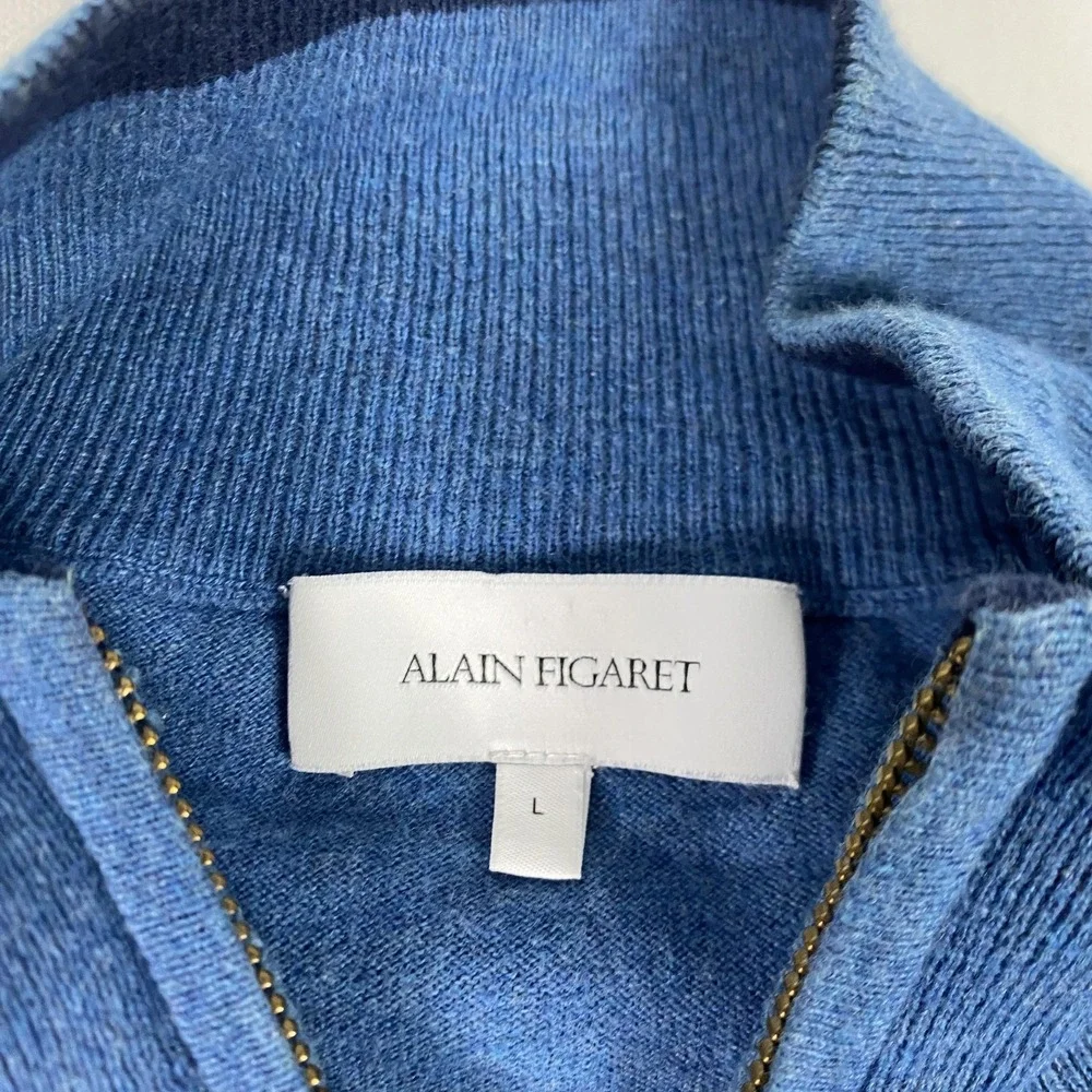 Alain Figaret Sweater Mens Large Blue 1/4‎ Zip Mock Neck Elbow Patch Knit